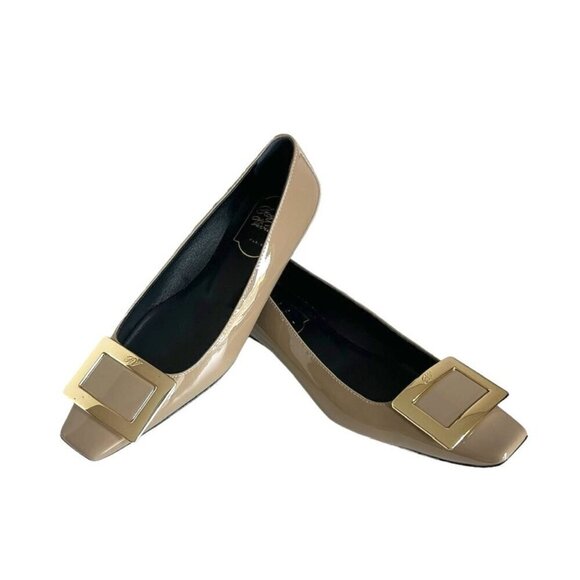 ROGER VIVIER Belle Vivier Patent Leather Neutral Flats With Gold Buckle 37 - Picture 1 of 7